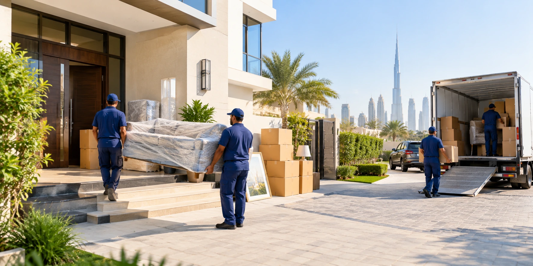 Modern Dubai villa with movers and a moving truck.